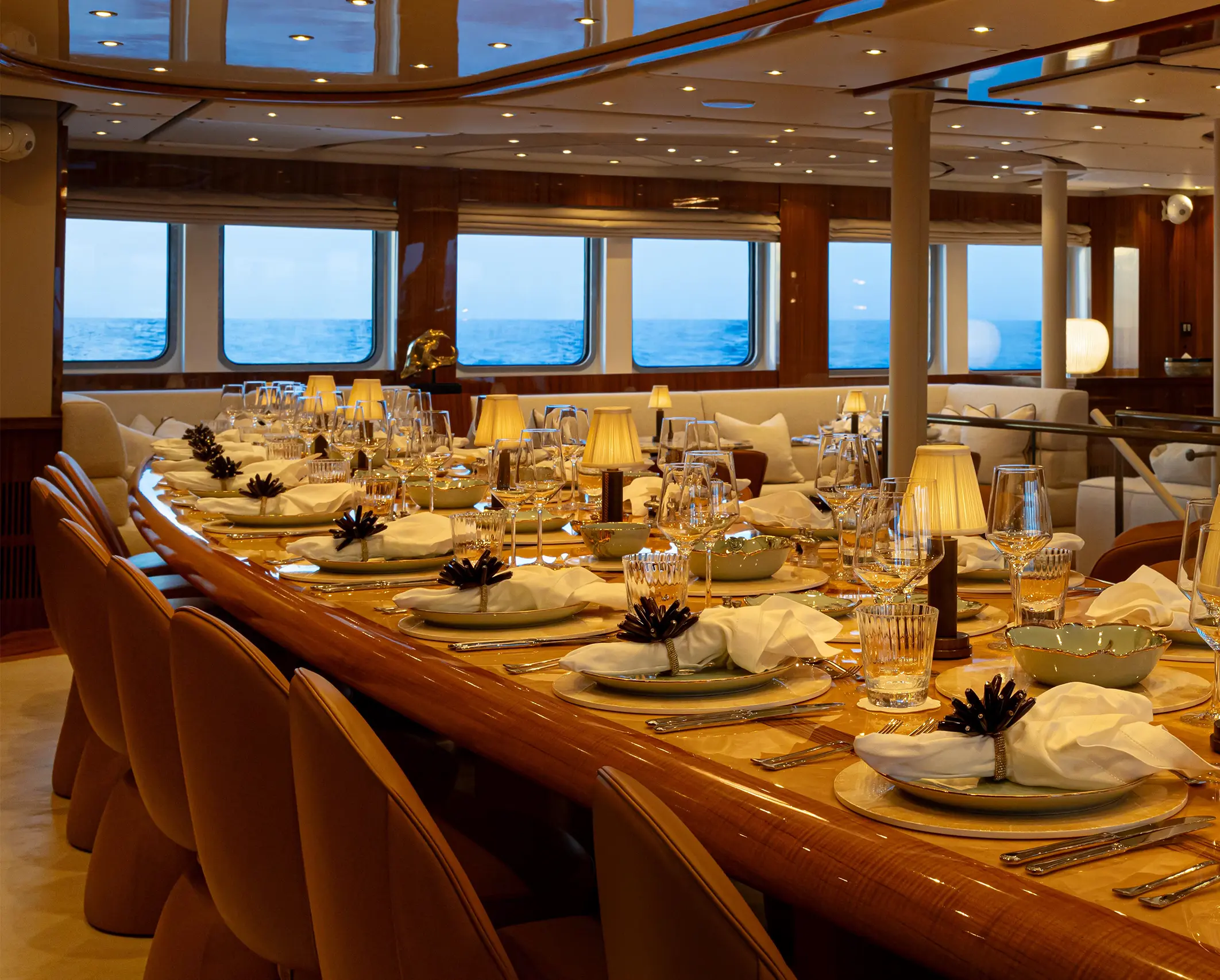 The dining area in the Main Saloon, Aqua Lares