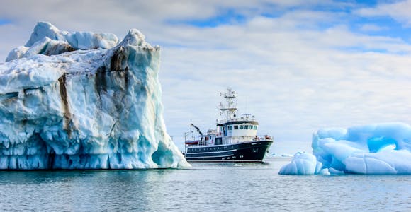 The Kinfish Arctic ship among icebergs