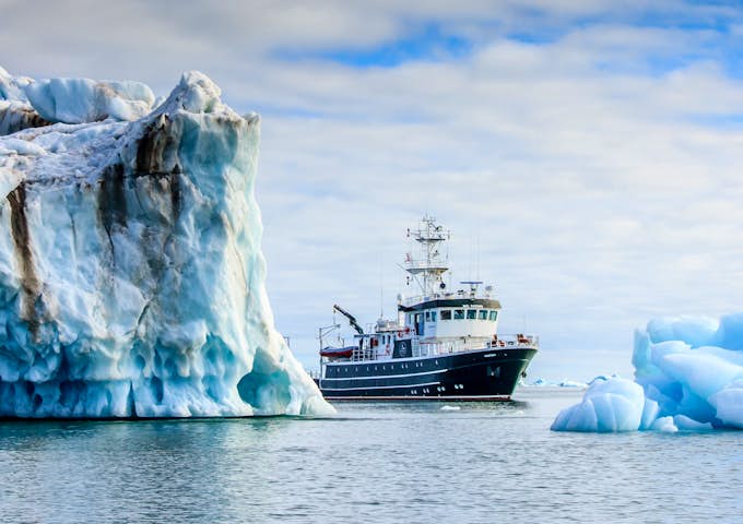 The Kinfish Arctic ship among icebergs