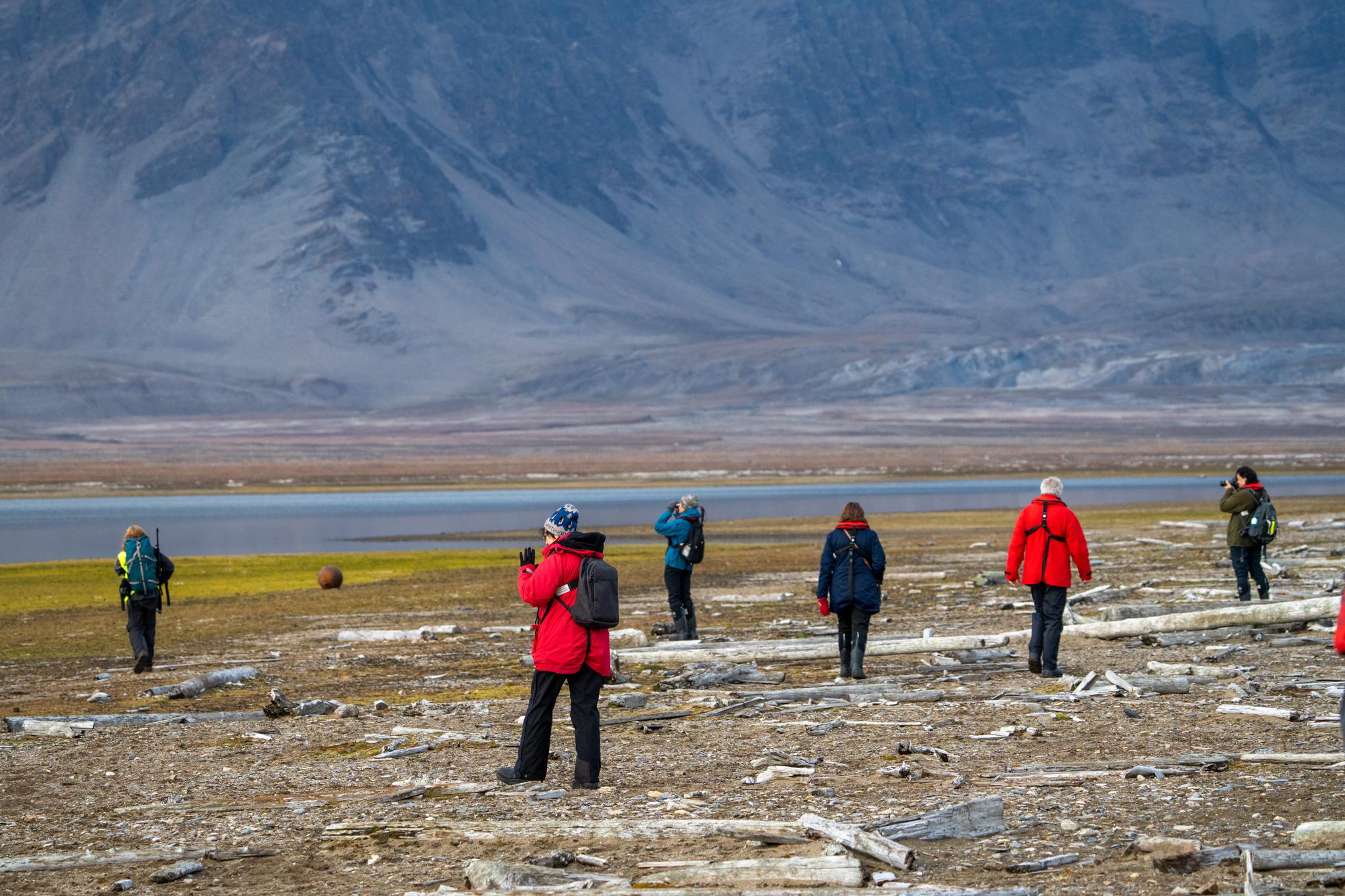 Guests on an Arctic cruise wander across a Svalbard landscape