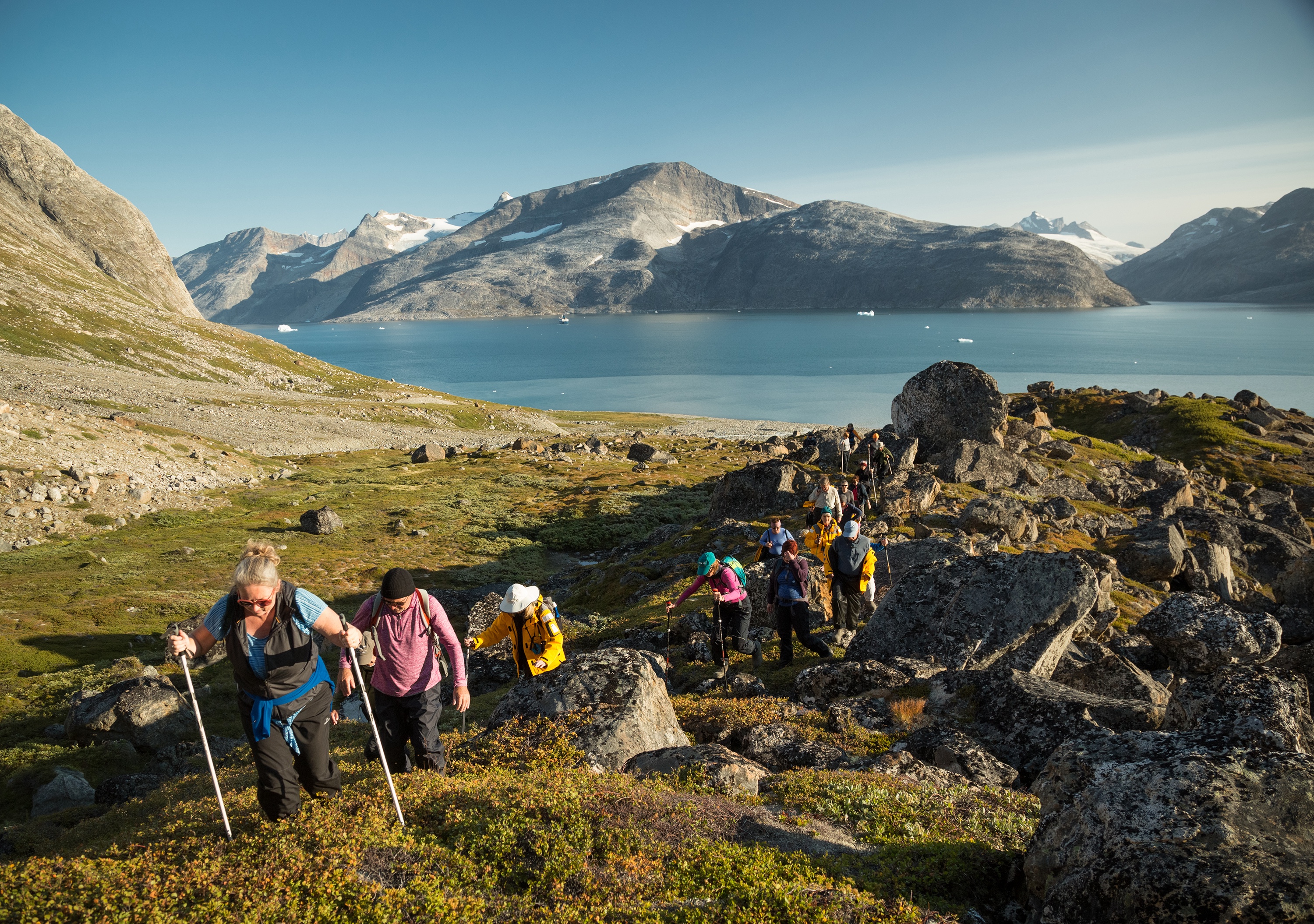 Guests hike the Skjoldungen Fjord, East Greenland