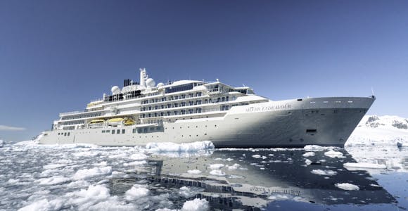 The Silver Endeavour cruise ship surrounded by Arctic ice