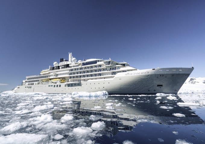 The Silver Endeavour cruise ship surrounded by Arctic ice