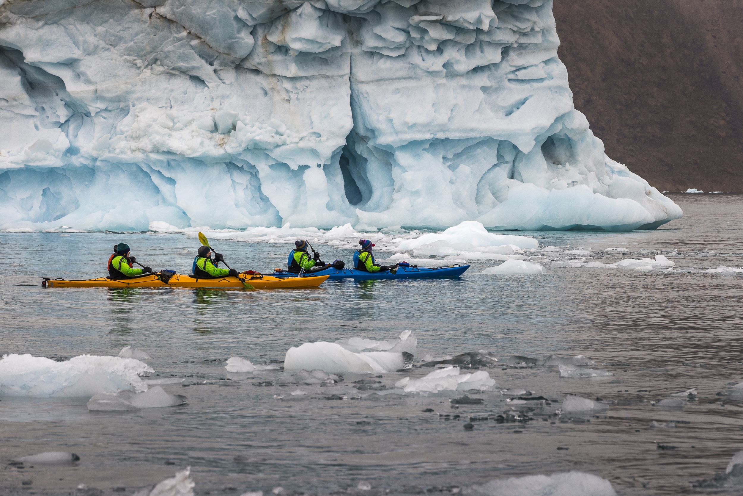 Kayaking in front of the ice at Canada's Croker Bay, High Arctic