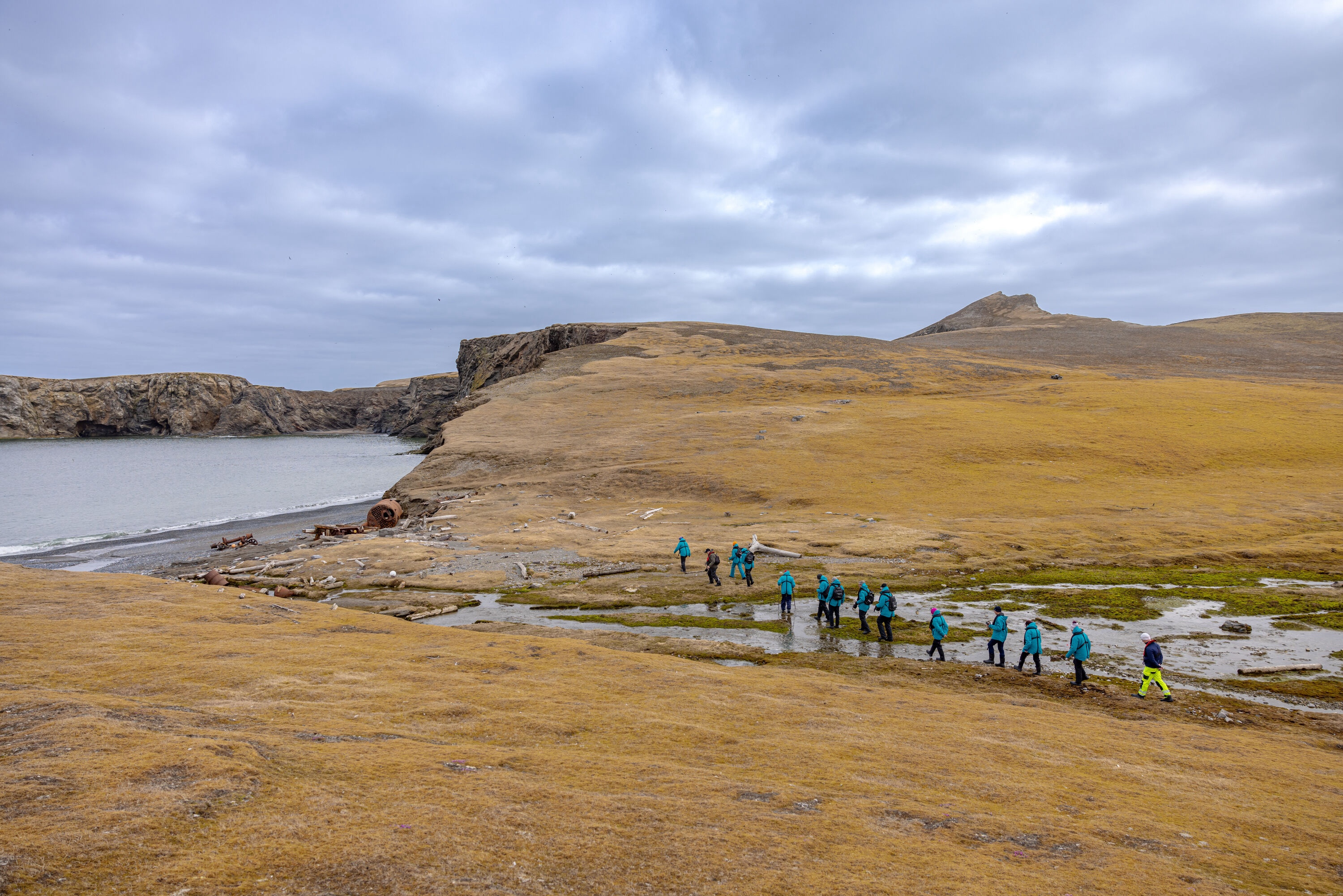 Cruise guests hike on Bear Island, Svalbard