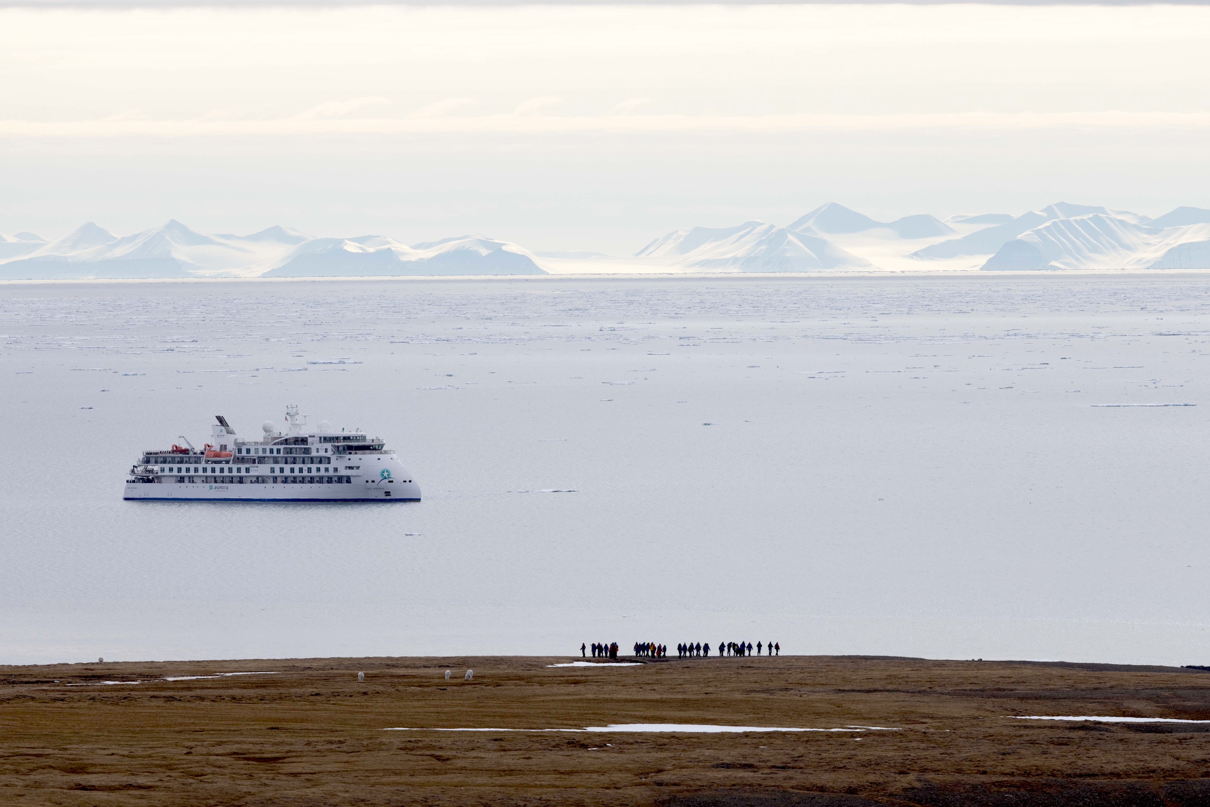 A ship glides past guests and the Arctic scenery of Svalbard